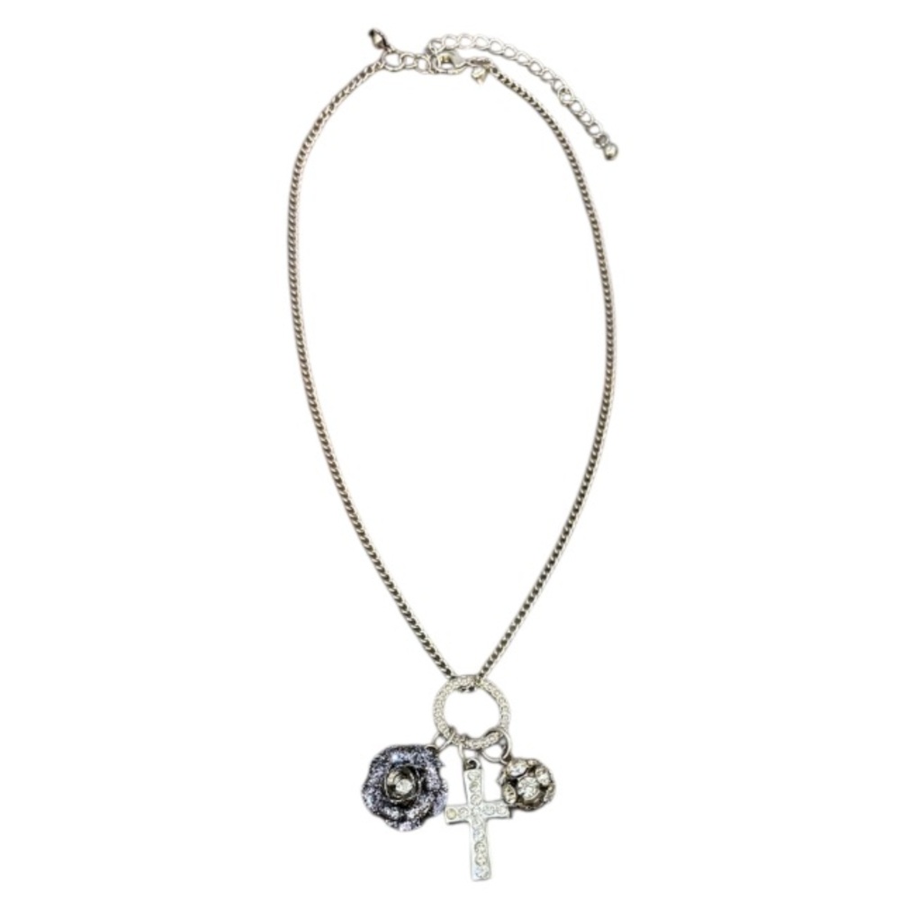 Vintage Cross Necklace Enamel Flower Beaded Ball Crystal Charms Silver Chain - Picture 4 of 12